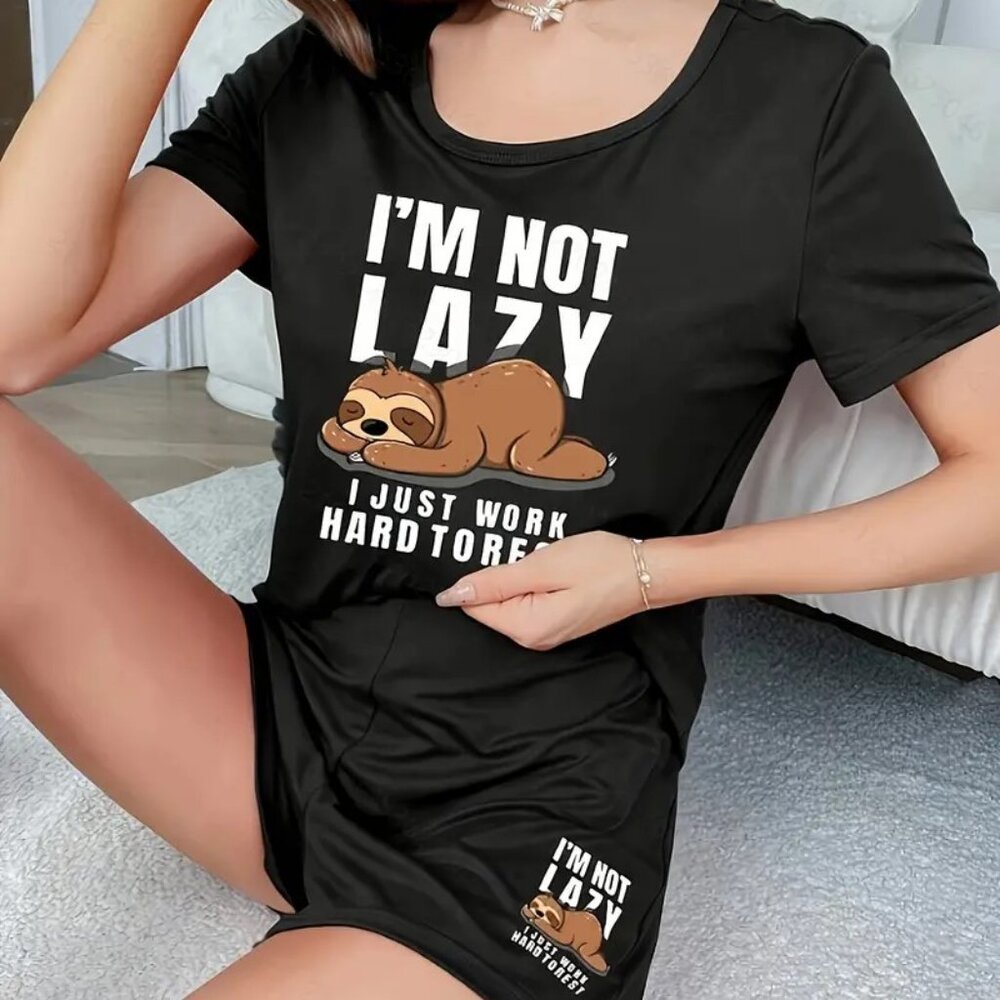 NWT Women's Sloth Print Pajama Set - Short Sleeve Top & Shorts, Relaxed Fit